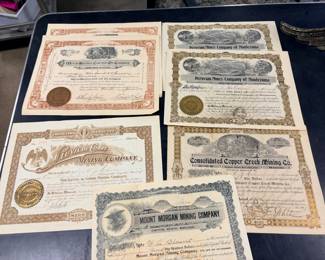 Antique stock certificates over 100 years old