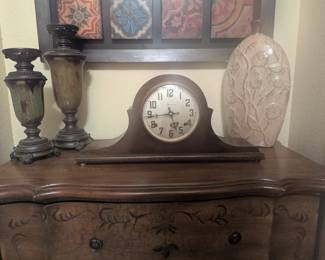 Mantel clock, candle stands, vase 