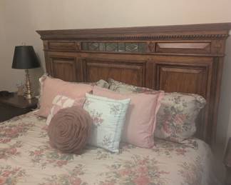 King size bed, wood with leaded glass 