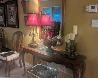 Sofa table, vintage table tray, lamps