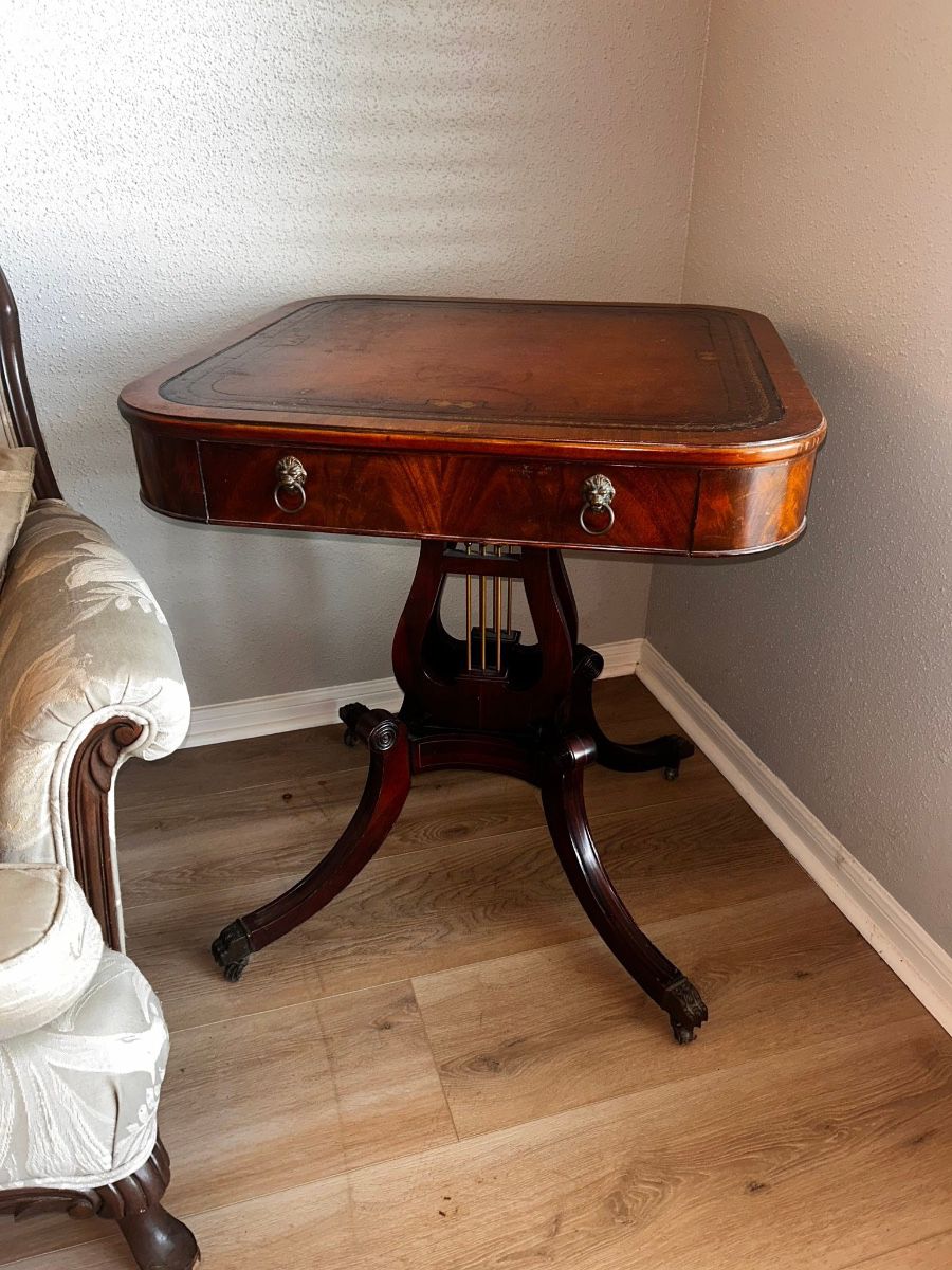 Antique Lyre Clawfoot Table  Base is in excellent condition. Top has some imperfections  26” x 26” x 29” tall  Must be able to move and load yourself