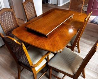 Vintage Dining Table & 6 chairs  Overall good condition with some imperfections shown in photos. Table is 30” tall, 40” across, 62” without leaf, 80” with leaf   Must be able to move and load yourself