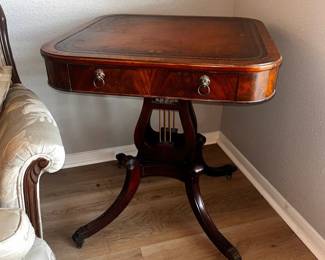 Antique Lyre Clawfoot Table  Base is in excellent condition. Top has some imperfections  26” x 26” x 29” tall  Must be able to move and load yourself