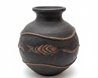 HandCrafted Black Clay Vase with Fish Motif  Barro Negro Style second image