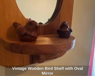 Vintage Wooden Bird Shelf with Oval Mirror second image
