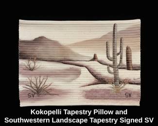 Kokopelli Tapestry Pillow and Southwestern Landscape Tapestry Signed SV third image