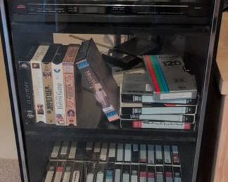 Vintage Entertainment Center with Turntable and VHS Collection