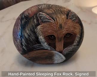 HandPainted Sleeping Fox Rock. Signed