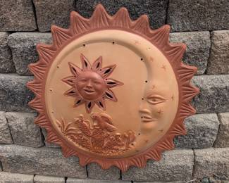 Terracotta Sun and Moon Face Wall Plaque with Desert Scene