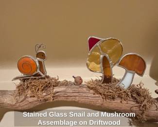 Stained Glass Snail and Mushroom Assemblage on Driftwood second image