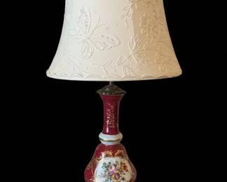 Victorian Style Porcelain Table Lamp with Floral Motif and Embroidered Shade
