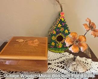 Vintage Wooden Music Box with Floral Inlay