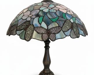 Tiffany Style Stained Glass Table Lamp with Butterfly and Floral Motifs