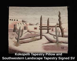 Kokopelli Tapestry Pillow and Southwestern Landscape Tapestry Signed SV second image