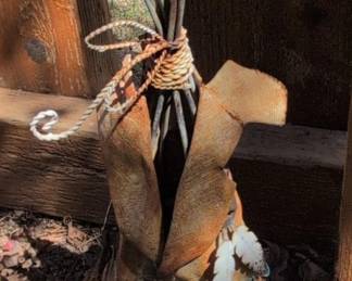 Handmade Metal and Burlap Yard Art Sculpture