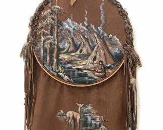 Native American Style Suede Wall Hanging with Painted Scene