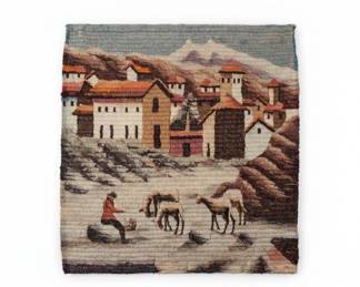 Peruvian Wool Tapestry with Village and Llama Scene
