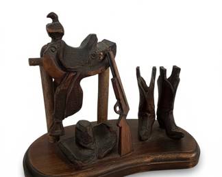 Western Scene Carved Wooden Display Stand