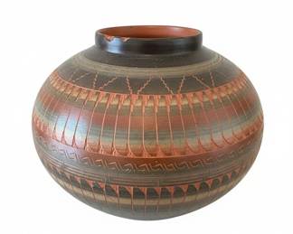 Navajo Etched Pottery Vase  Signed Dennisa