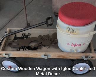 Custom Wooden Wagon with Igloo Cooler and Metal Decor