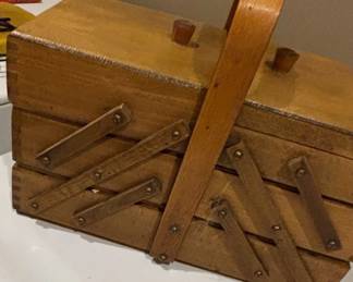 Vintage Wooden Accordion Sewing Box with Handle
