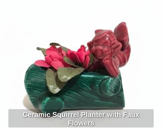 Ceramic Squirrel Planter with Faux Flowers