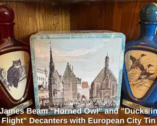 James Beam Horned Owl and Ducks in Flight Decanters with European City Tin