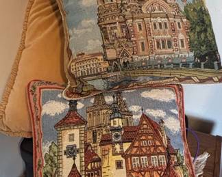 Set of Two Tapestry Pillows with European Architectural Scenes