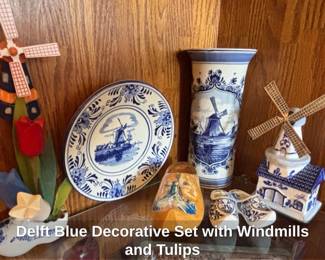 Delft Blue Decorative Set with Windmills and Tulips