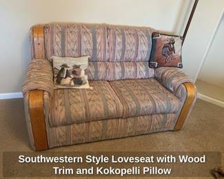 Southwestern Style Loveseat with Wood Trim and Kokopelli Pillow