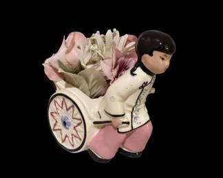 Vintage Japanese Rickshaw Planter with Boy Figurine