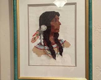 Framed CrossStitch Portrait of a Native American Woman