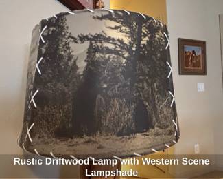 Rustic Driftwood Lamp with Western Scene Lampshade fourth image
