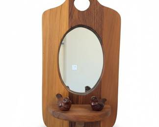 Vintage Wooden Bird Shelf with Oval Mirror
