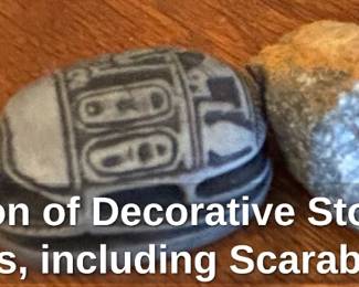 Collection of Decorative Stones and Figurines, including Scarab Carving