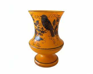 Bohemian Czech Yellow Tango Art Glass Vase with Black Bird Motif