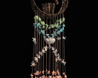 Woven Rattan and Paper Crane Mobile with Wooden Bird