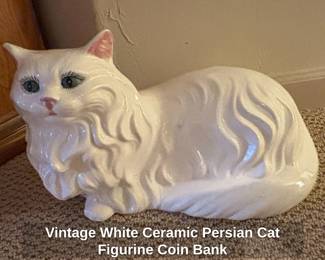 Vintage White Ceramic Persian Cat Figurine Coin Bank