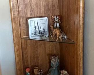 Oak Corner Curio Cabinet with Decorative Collectibles