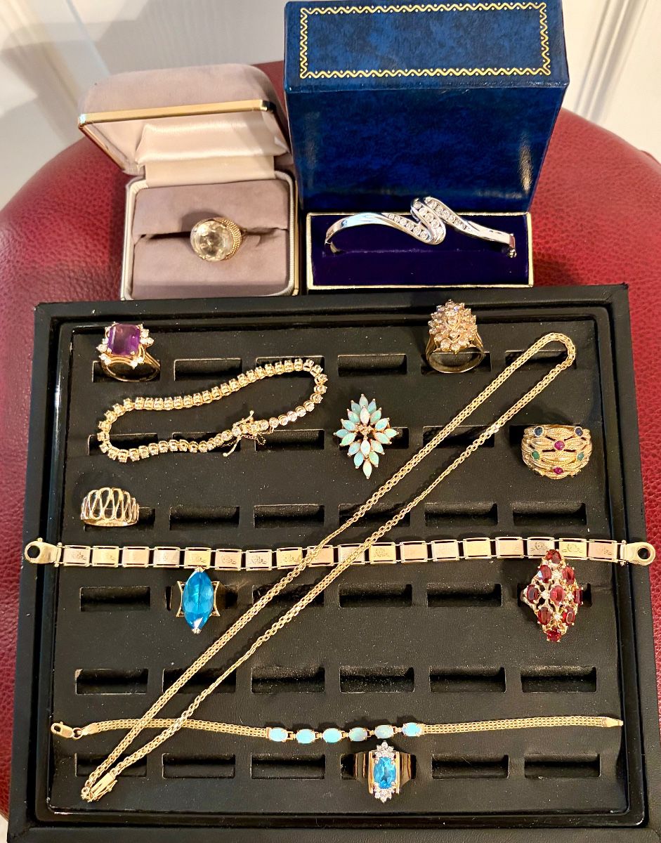 14 K rings, necklace and bracelets. Diamonds, opals, gemstones!
