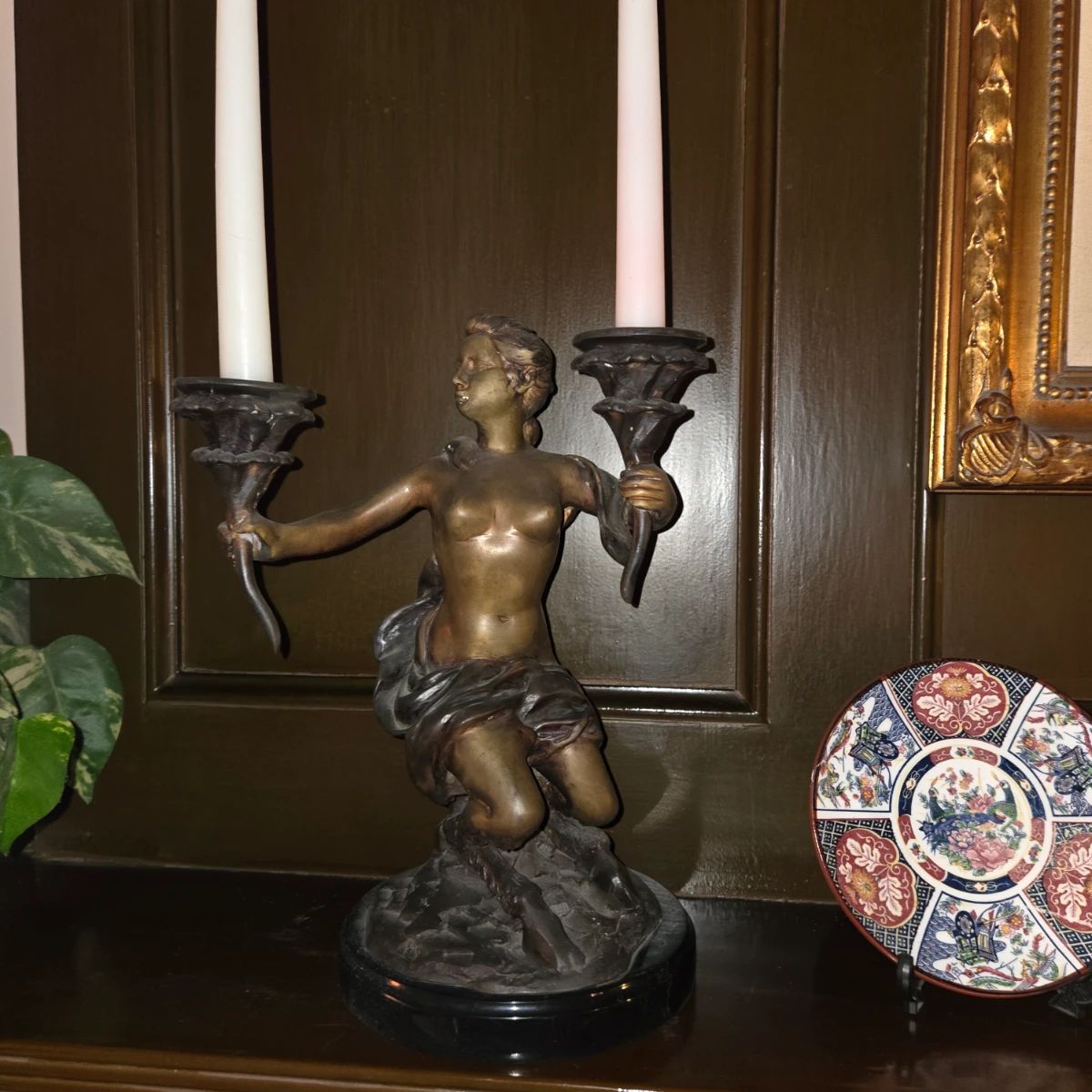Auguste Moreau Bronze candle holder $1,500.00 also, 2 Decorative Japanese display plates with stands