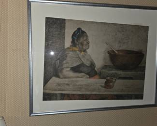 Francisco Zuniga (1912-1998) framed artwork "La Fonda" 1981 aka "The Inn" and aka "The Eating Place" $200