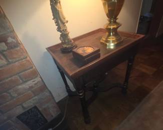 Asian themed small wood table, bos, marble statue and brass lamp