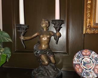 Auguste Moreau Bronze candle holder $1,500.00 also, 2 Decorative Japanese display plates with stands