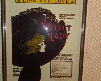 Framed memoabilia from the 1919 Musical The Velvet Lady $50