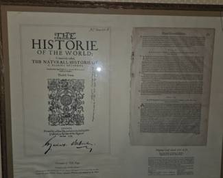 Displayed Title Page and leaf from the FIRST English translation of Piny the Elder's NATURALIS HISTORIA translated by Philemon Holland in 1601"The Historie of the World" framed historical pages $