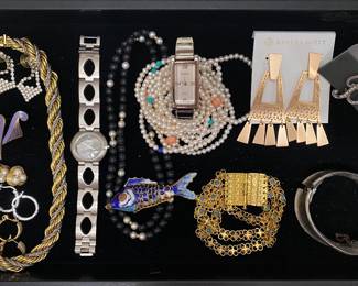 Vintage German 1960s Crosse rope necklace, various costume, jewelry, lots of two dollar brand new earrings