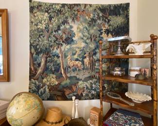 Large and lovely Forrest themed tapestry, vintage globe, bamboo shelf, visit the German room for lots of warm and homey items