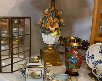 Arts and crafts, cream, and sugar porcelain set, Chinese cloisonné vases , capdemonte table lamp