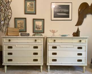 Mid-century laminate top bamboo theme chests with brass hardware